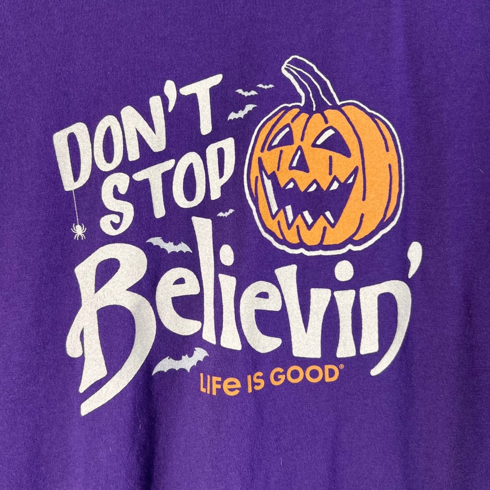 Womens Life is Good LS Crusher T Don't Stop Believin Pumpkin Halloween Purple L - Picture 3 of 9